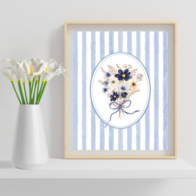 Poster Buquê de Flores Azuis Marinho Listras Florais (Criador carregado)