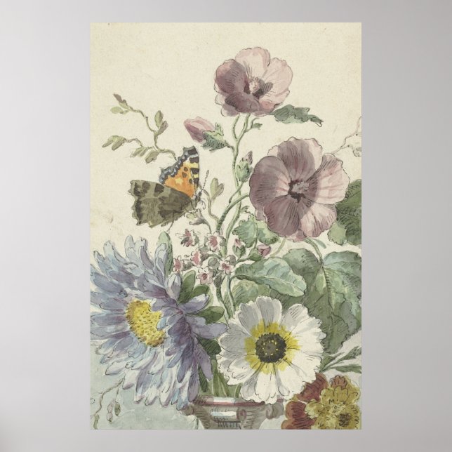 Poster Buquê de Flores com uma Borboleta Dama Pintada, (Frente)