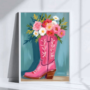 Poster Buquê de Flores de Bota de Cowgirl Rosa Aquarela