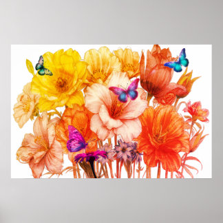 Poster Buquê de Flores e Borboletas na Parede Bonita