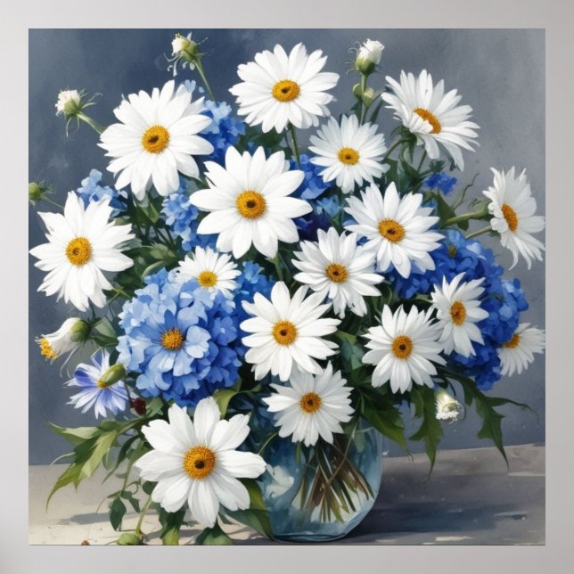 Poster Buquê de Flores Elegantes Margaridas Aquarela (Frente)