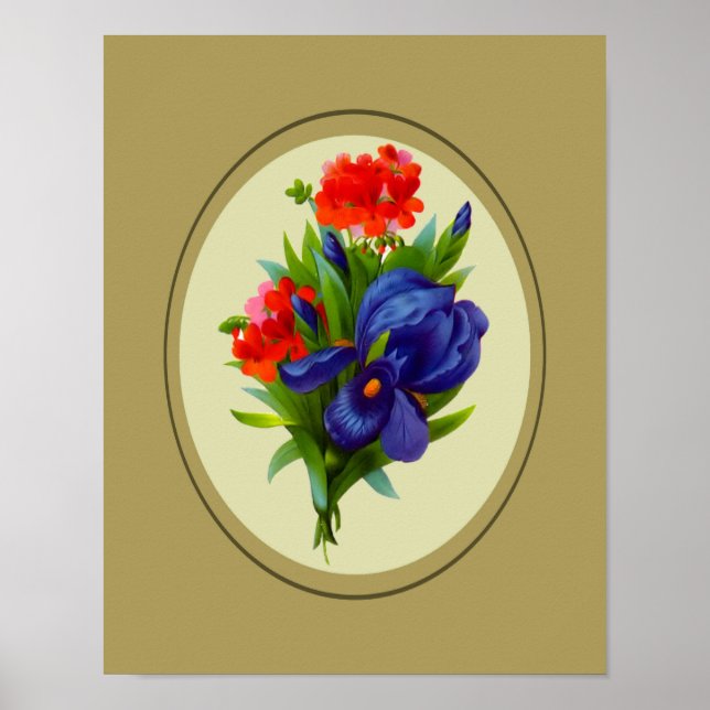 Póster Buquê de Flores Íris Azul Vintage (Frente)