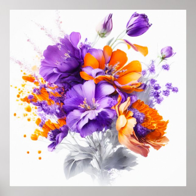 Poster Buquê de flores laranja e púrpura (Frente)