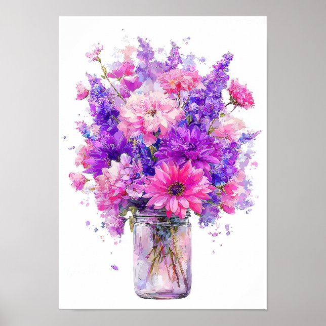 Poster Buquê de Flores Rosa Roxo Aquarela em Jar (Frente)