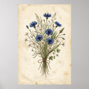 Poster Buquê de Flores Silvestres Centáurea Azul Vintage