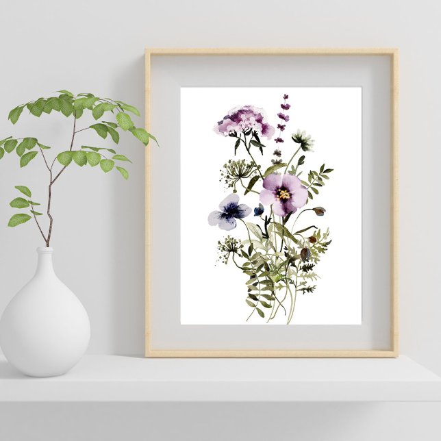 Poster Buquê de Flores Silvestres Roxas Aquarela Floral (In situ)