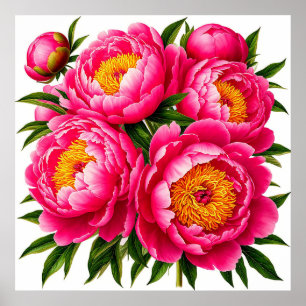 Poster Buquê de Peônia Rosa Brilhante Com Folhas Verdes