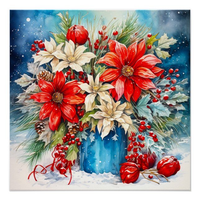 Póster Buquê de Poinsettia de Natal e Berries (Frente)