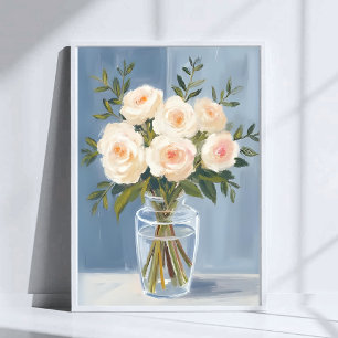 Poster Buquê de Rosa Branca Floral em Aquarela Elegante