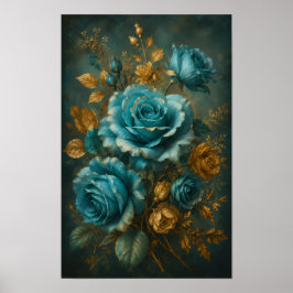 POSTER BUQUÊ DE ROSAS BARROCAS EM TEAL DOURADO