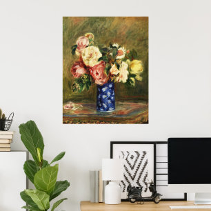 Poster Buquê de Rosas Rosa Renoir Vintage Arte Vaso Azul