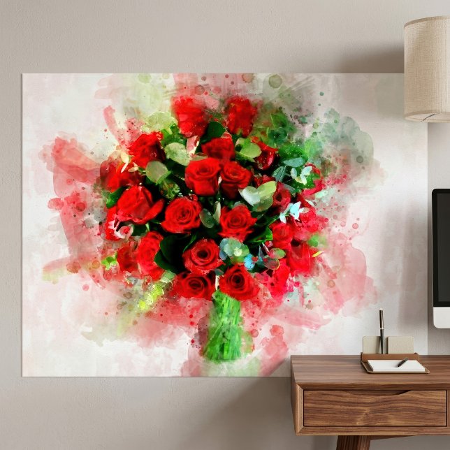 Poster Buquê de Rosas Vermelhas Aquarela em Fundo Branco (Red Roses Bouquet Watercolor on White Background. Poster)