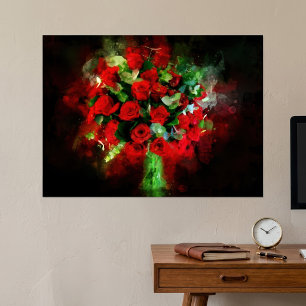 Poster Buquê de Rosas Vermelhas Aquarela em Fundo Preto