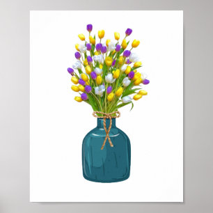 Poster Buquê de Tulip na Vaso de Cor Ciano
