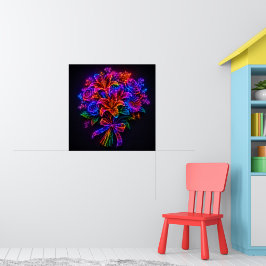Poster Buquê Floral Arco-Íris Neon Vibrante na Parede