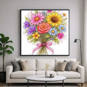 Poster Buquê Floral - Arte no Estilo Rabiscado