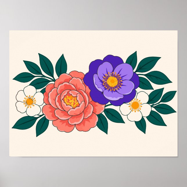 Poster Buquê Floral com Flores Roxas e Coral (Frente)