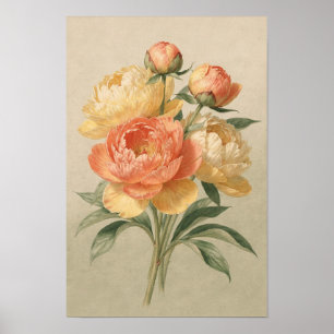 Poster Buquê Floral de Peônia Coral e Creme de Leite
