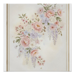 Póster Buquê Floral Elegante de Peônias Rosas e Wisteria