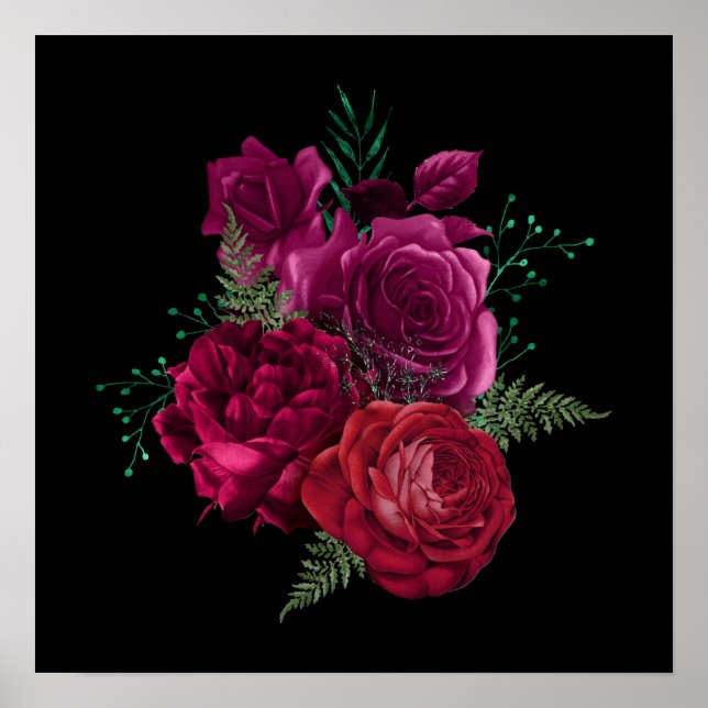 Poster Buquê Floral Elegante Magenta Rosa (Frente)