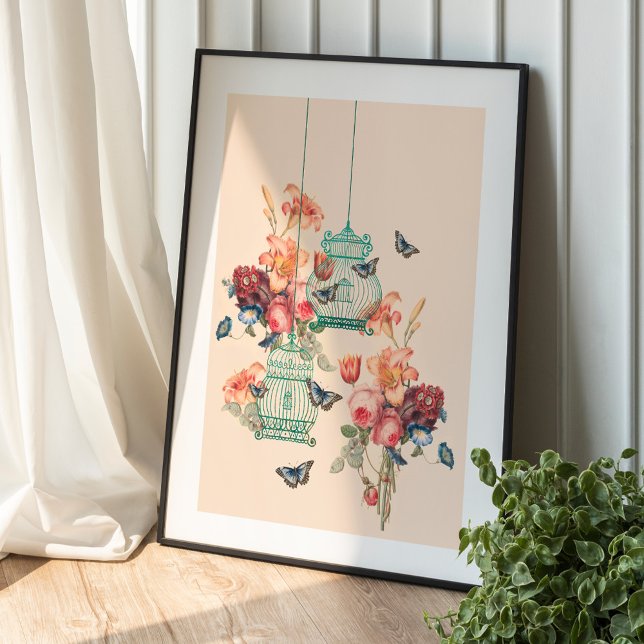 Poster Buquê Floral Vintage E Aves Vintage (Vintage Floral Bouquet And Vintage Birdcages Poster)