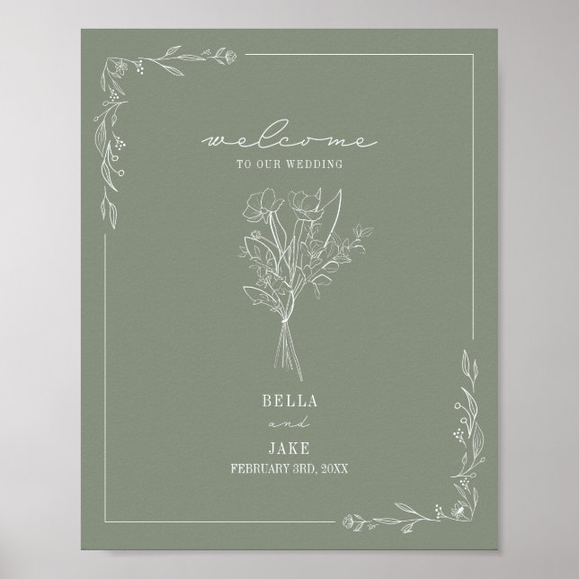 Poster Buquê Line Art Sage Green Weding Bem-vindo (Frente)