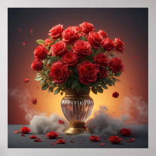 Poster Buquê Opulento de Rosas Vermelhas em Vaso de Crist
