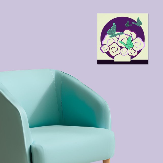 Poster Buquê Roxo Verde e Borboletas Praça (Green Purple Flower Bouquet & Butterflies Square Poster)