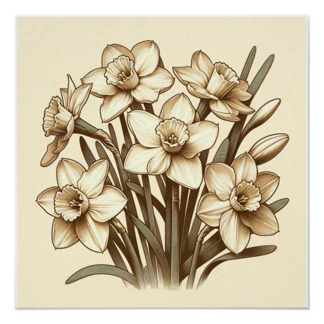 Póster Buquê Vintage Daffodil, Arte de Linha Botânica (Frente)