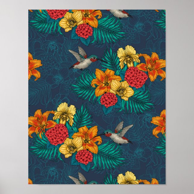 Poster Buquês tropicais e beija-flores (Frente)