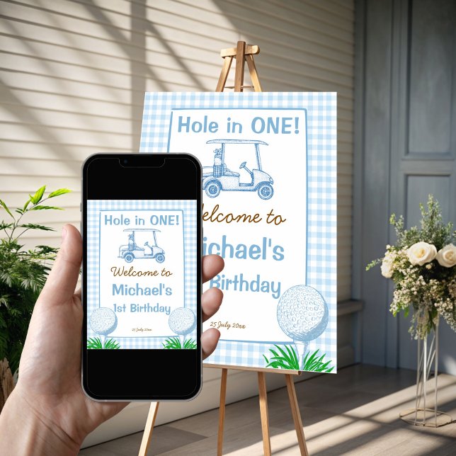 Poster Buraco num sinal de boas-vindas ao primeiro aniver (Hole in one blue gingham golf 1st birthday welcome sign poster template instant download)
