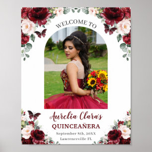 Poster Burgundy Blush Floral Quinceañera Foto de Boas-vin