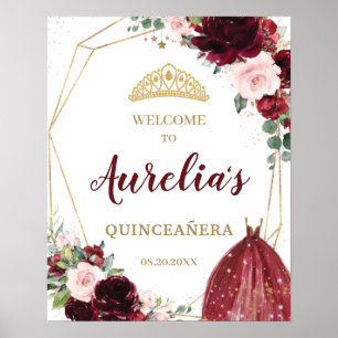 Poster Burgundy Blush Floral Quinceañera Tiara Boas-vind