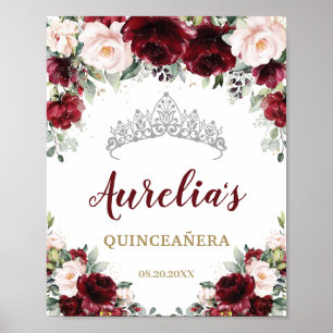 Poster Burgundy Blush Floral Quinceañera Tiara Boas-vinda