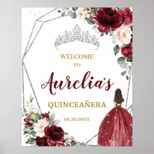 Poster Burgundy Blush Floral Silver Quinceañera Bem-vindo