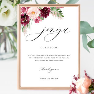 Poster Burgundy Blush Floral Weding Jenga Símbolo Guestbo