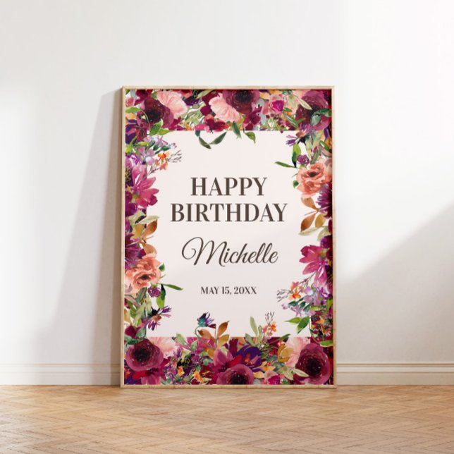Poster Burgundy Blush Pink Feliz Festa de Aniversário (Burgundy and pink floral "Happy birthday" poster personalized with your own text.)