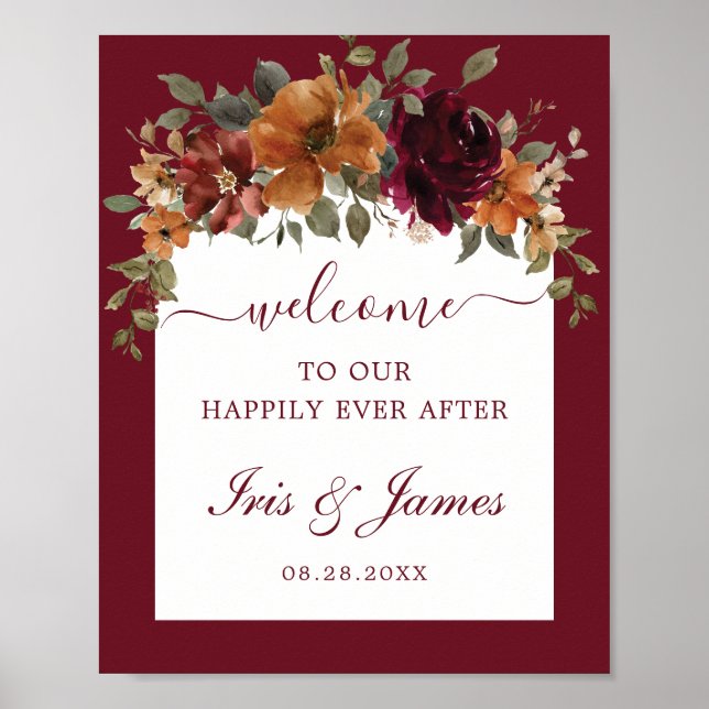 Poster Burgundy Burnt Orange Floral Arch Weding (Frente)