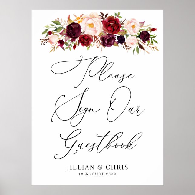 Poster burgundy e blush floral guestbook (Frente)