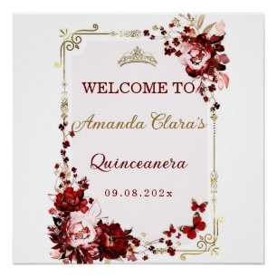 Póster Burgundy e Dourado Quinceañera Bem-vindo Imprimíve