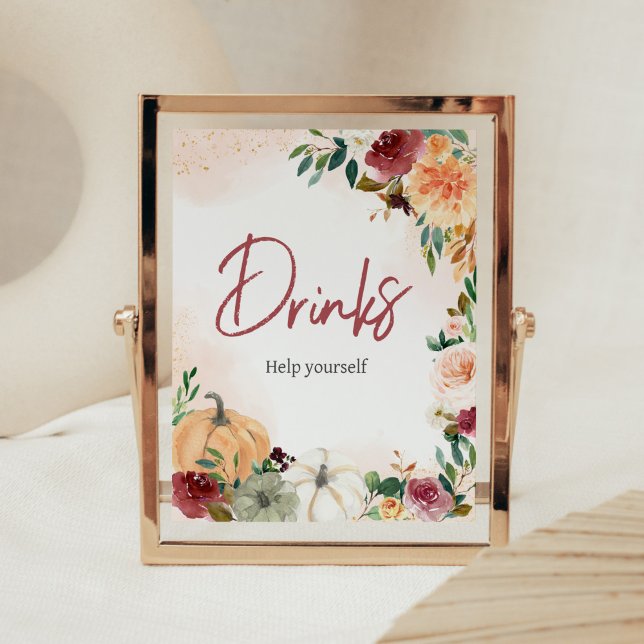 Poster Burgundy Fall Floral Pumpkin Chás de fraldas Bebid (Fall Floral Pumpkin Baby Shower Drinks Sign)