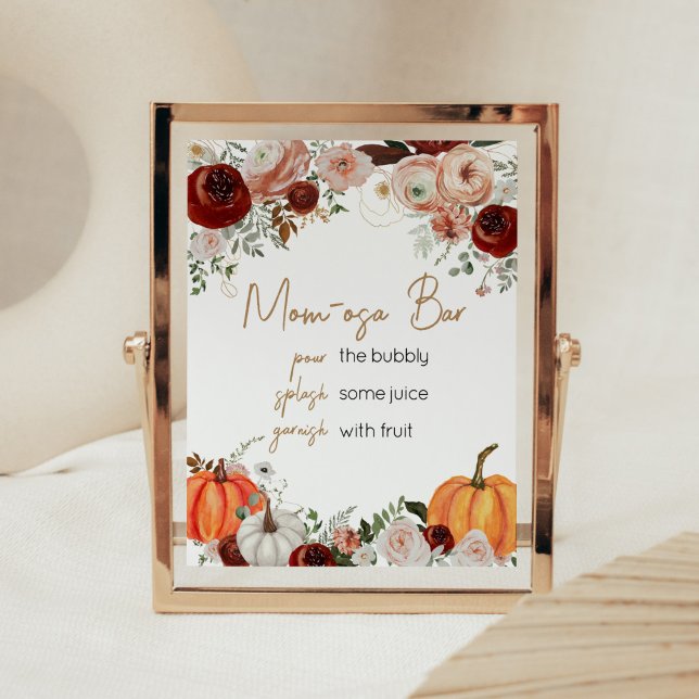 Poster Burgundy Fall Floral Pumpkin Mãe Bar Osa (Fall Floral Pumpkin Baby Shower Mom Osa Bar Sign)