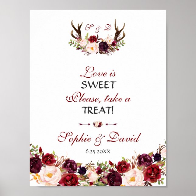 Poster Burgundy Floral Antlers Love is Sweet Take a Trata (Frente)