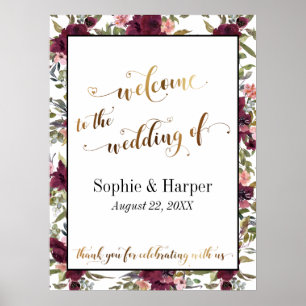 Poster Burgundy Floral Bem-vindo ao Dourado Sinal de Text