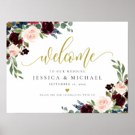Poster Burgundy Floral caligrafia Sinal de Boas-vindas