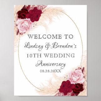 Poster Burgundy Floral Casamento Aniversário Pampas Bem-V