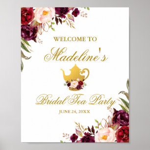 Poster Burgundy Floral Dourado Chá de panela Tea Welcome