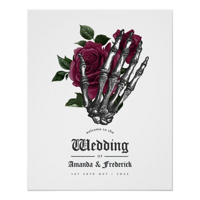 Póster Burgundy Floral Skeleton Gothic Weding Bem-vindo (Frente)