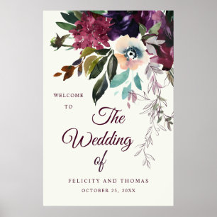 Poster Burgundy Floral WaterColor Ivory Weding Bem-vindo