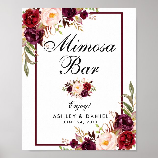 Poster Burgundy Floral Wedding Mimosa Bar (Frente)
